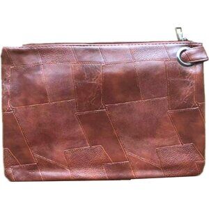 Women's Patchwork Brown Leather Zipper Trendy Designer Wristlet Elegant Clutch